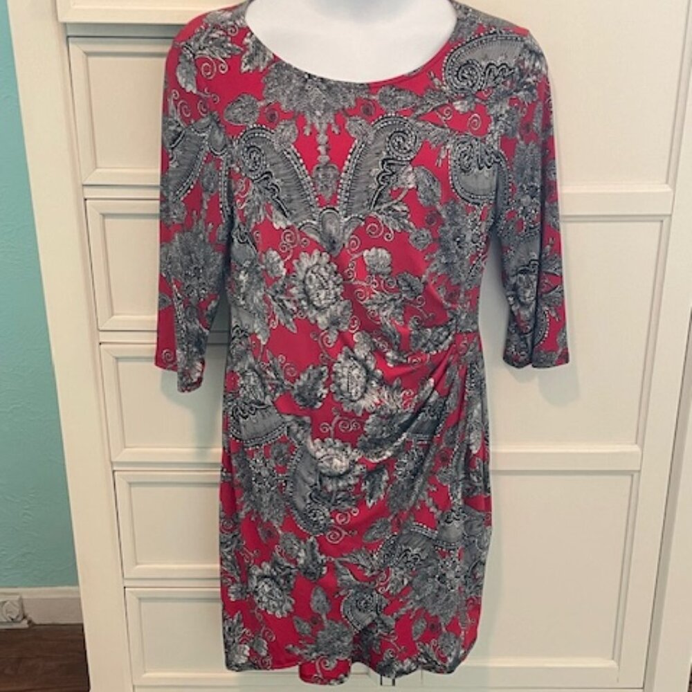 JBS Faux Wrap Red/Black 3/4 Sleeve Paisley Dress XL